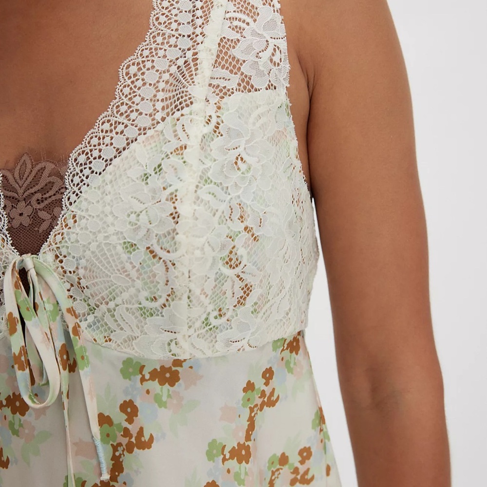 Free People Lace Trim Floral Nightgown - Cream and Brown